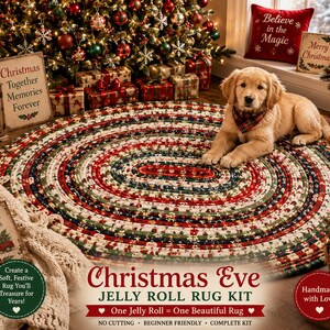 Könnte beinhalten: Ein ovaler geflochtener Teppich mit einem festlichen Muster aus roten, grünen und weißen Stoffstreifen im Weihnachtsdesign. Der Teppich besteht aus aufgerollten Stoffbahnen, die eine strukturierte Oberfläche mit durchgehendem Weihnachtsmotiv bilden.