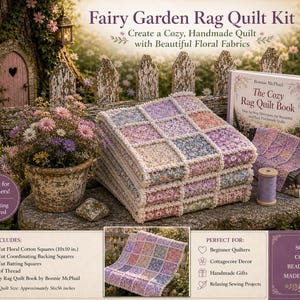 May include: A Fairy Garden Rag Quilt Kit with floral fabrics. The kit includes pre-cut cotton squares, backing squares, batting squares, thread, and a book. The finished quilt size is approximately 56x56 inches. The kit is perfect for beginner quilters.