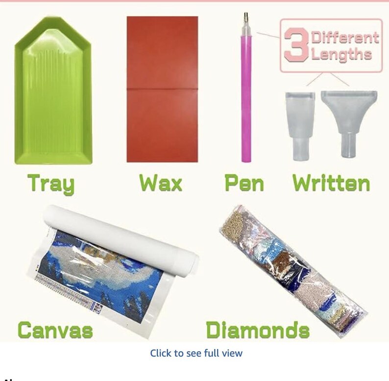 K&ouml;nnte beinhalten: Ein Diamond Painting Set bestehend aus einer gr&uuml;nen Kunststoffschale, einem rechteckigen roten Wachsblock, einem rosa Applikatorstift mit zwei austauschbaren transparenten Aufs&auml;tzen mit der Aufschrift 3 Different Lengths, einer Leinwand und Diamanten.