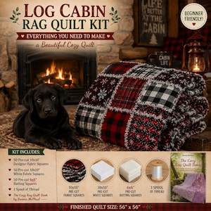 May include: A Log Cabin Rag Quilt Kit featuring a patchwork quilt with red, black, and white plaid and snowflake patterns. The kit includes 50 pre-cut 10x10 inch designer fabric squares, 50 pre-cut 10x10 inch white squares, 50 pre-cut 6x6 inch batting squares, and a spool of thread.
