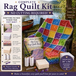 May include: Complete rag quilt kit with all the components to create a cosy quilt. Includes pre-cut squares, batting, thread, needles, and a book. The finished quilt measures 142cm x 142cm, is reversible, and machine washable. The kit is beginner-friendly.