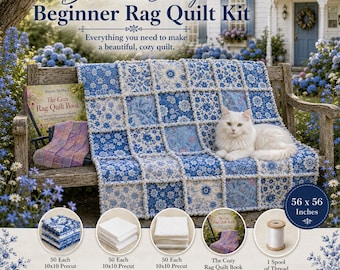 Bluebell Cottage Beginner Rag Quilt Kit with Book | Blue Floral Rag Quilt Sewing Kit | Pre Cut Fabric Quilt Kit | Cottage Quilt | 56x56