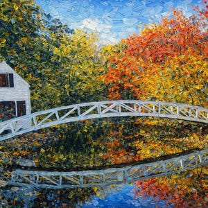 May include: Oil painting of a white bridge arching over water, reflecting the colorful autumn foliage. A small white house with black shutters sits on the left. The sky is a textured blue.