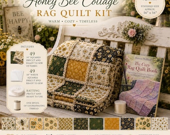 Kit de courtepointe patchwork « Honey Bee Cottage » – Kit pour débutants – Aucune découpe requise – Courtepointe abeilles et tournesols – Courtepointe champêtre confortable de 142 x 142 cm