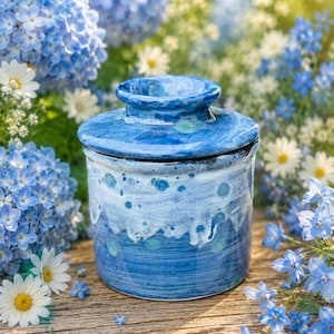 Beurrier français bleu azur : Beurrier en céramique émaillée à la main