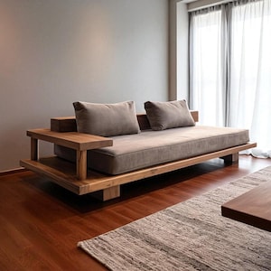 Minimalistische massief houten bank – Handgemaakte oude iepenbank met kussens | Rustieke natuurlijke bank voor appartement | Japanse zen-stoelen Wabi Sabi