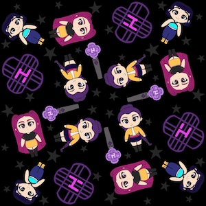 May include: A repeating pattern on a black background featuring cartoon illustrations of girls with purple hair, yellow and black outfits, and microphones. Also included are purple cross-shaped designs and gray stars.
