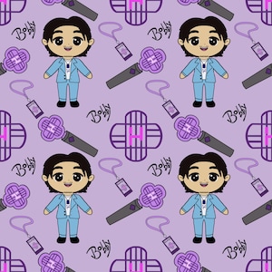 May include: A repeating pattern on a lavender background features cartoon illustrations of a man in a blue suit, microphones, and keychains. The word "Bobby" is written in a cursive font.