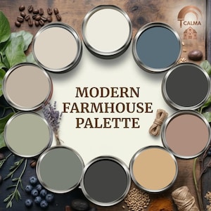 Könnte beinhalten: Eine Farbpalette mit zehn kreisförmigen Farbdosen, die in einem Kreis angeordnet sind. Der mittlere Text lautet MODERN FARMHOUSE PALETTE. Die Farben umfassen Weiß-, Beige-, Grau-, Blau-, Grün-, Braun- und Schwarztöne, umgeben von Kaffeebohnen, Lavendel und Bindfaden.