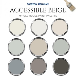 May include: A Sherwin-Williams Accessible Beige whole house paint palette featuring nine circular color swatches arranged in a grid. The colors range from off-white and light beige to sage green, slate blue, and dark charcoal gray, with a paintbrush.