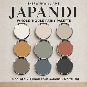 Puede incluir: Una paleta de pintura para toda la casa Sherwin-Williams Japandi en formato PDF digital, con nueve muestras de color circulares dispuestas en una cuadrícula de tres por tres. Los tonos incluyen blanco, beige, ocre, terracota, verde salvia, gris, azul grisáceo y gris oscuro.