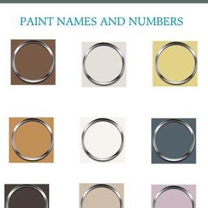 May include: A color chart titled "Organic Modern Paint Color System" with the text "Paint Names and Numbers." The chart displays nine circular paint swatches in various colors, each with a silver metallic border. Colors include brown, cream, yellow, tan, white, gray-blue, dark brown, beige, and lavender.