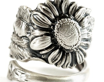 Sunflower Ring, Sterling Silver Spoon Ring, Art Nouveau, Sunflower Jewelry, Thumb Ring, Floral Ring, Flower Ring, Adjustable Ring Size, 5803