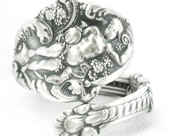 Dionysus God of Wine Ring Gift for Her, Sterling Silver Spoon Ring, Antique 1888 Gorham Versailles, Art Nouveau, Adjustable Ring Size (7095)