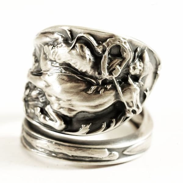 Western Cowboy on Horse Roping a Bull Souvenir Sterling Silver Ring, Weidlich Spoon ca. 1910, Handcrafted Gift, Customized Ring Size (5844)