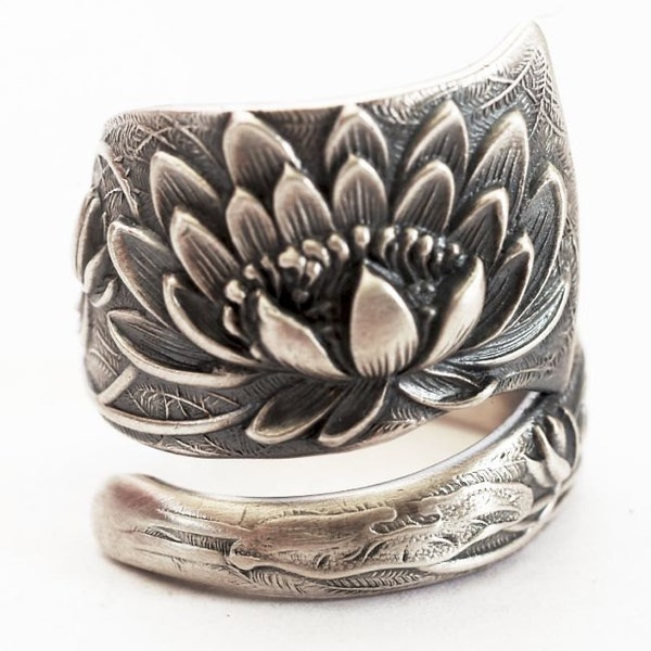 Vintage Art Nouveau Rare Pond Lily Sterling Silver Spoon Ring Lotus Pattern by Shiebler ca 1889, Handmade & Adjustable to your size (4476)