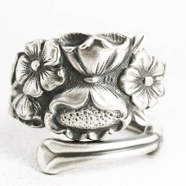 Wild Flower Ring, Sterling Silver Spoon Ring, Silver Flower Ring, Handmade Gift for Her, 5th Wedding, Adjustable Size, International (7049)