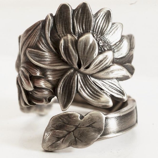 Lotus Flower Ring, Water Lilly Ring, Lillies, Sterling Silver Spoon Ring, Art Nouveau Ring, Unique Ring for Her, Adjustable Ring Size (6272)