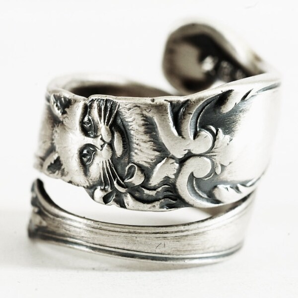 Spiral Cat Ring, Sterling Silver Spoon Ring, Antique Flatware, Kitty Kitten Cat Jewelry, Cute Animal Lover Gift, Adjustable Size 7-16 (8074)