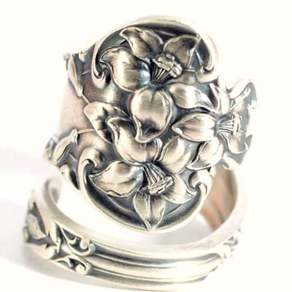 Orange Blossom Ring, Flower Ring, Sterling Silver Spoon Ring, Antique Watson Bridal Flower 1910, Fertility Ring, Adjustable Ring Size (5830)