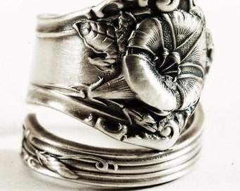 Morning Glory Ring, Sterling Silver Spoon Ring, Art Nouveau Ring Floral Ring, Chunky Flower Ring, Antique Alvin 1909, Adjustable Ring (8071)