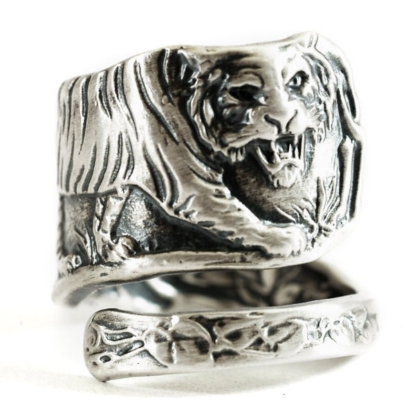 Tiger Ring, Sterling Silver Spoon Ring, Cat Lover Gift, Big Cats, Silver Tiger Ring, Wild Animal Ring, Custom Ring Size 4 5 6 7 8 9 10 (533)
