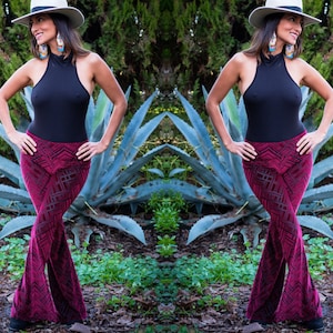 Women&#39;s Velvet Gem  Print Burnout Velvet Bell Bottoms - Velvet Flares -  Stretchy Soft MidRise Pant Vintage Inspired Ethically Made in USA