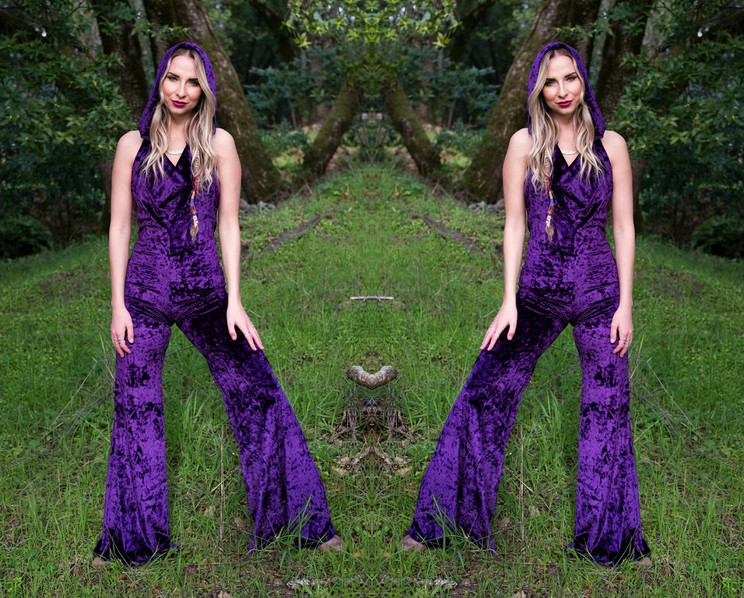 Damesjumpsuit Purple Crushed Velvet Hooded Purple Jumpsuit Hooded