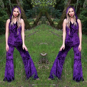 Women&#39;s Jumpsuit Purple Crushed Velvet Hooded Purple Jumpsuit Hooded Jumpsuit Velvet  Festival Jumpsuit Festival Wear Goddess Wear Catsuit