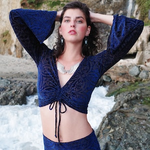 Bell Sleeve Top x Boho Hippie x Burnout Velvet Top - Velvet Shirt - Velvet Bell Sleeve w/ cinch -Goddess Wear x Festival Fashion - 3 Colors