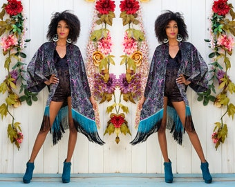 Kimono en velours cachemire dévoré : peignoir bohème à franges ombrées