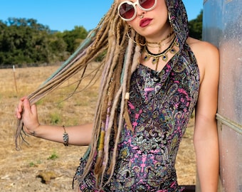 Women's Burnout  Velvet Pink Paisley Hooded Romper