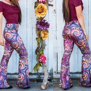 Tie Dye Velvet Bell Bottom Mid Rise Flares Soft Crushed Velvet Stretchy Pants Hippie Boho Chic 70s Festival Wear Tight High Rise 2 Colors!