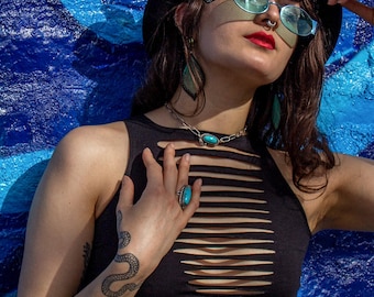 Snip Tease Black Bamboo Tank Top: Festival Fashion, Goddess Wear
