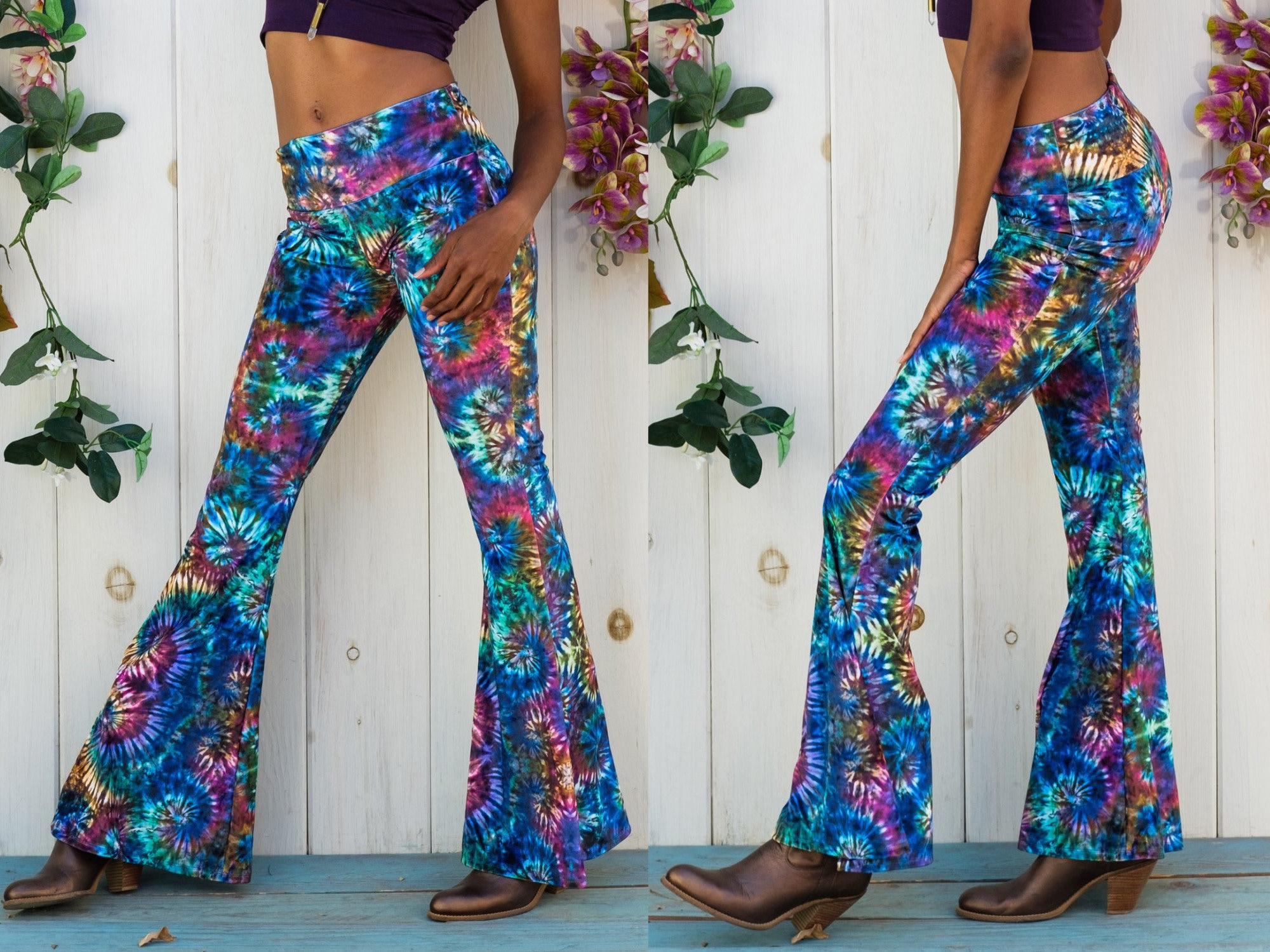 Cinched Tie Dye Bell Bottoms Cotton Wide Flare Trousers Flared Hot Yoga  Leggings Flared Yoga Pants Hippy Festival Clothing Burning Man 