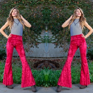 Women&#39;s Velvet Solid Color Velvet 70s Inspired Bell Bottom Pants American Made Groovy Retro Vintage Style Purple Green Blue Red Black