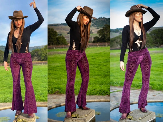 70s Vintage Inspired Burnout Velvet Bell Bottoms, Flares Maroon Navy Black Flare  Pants Ethically American Made Slow Fashion Stretch Fit 