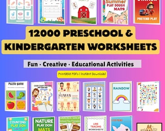 May include: A collection of colorful preschool and kindergarten worksheets. The image features various themed printable PDFs, including play dough mats, tracing worksheets, and puzzle games. The text reads "12000 Preschool & Kindergarten Worksheets".