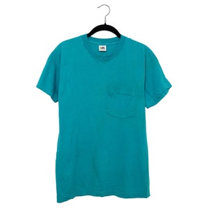 Vintage Bright Teal Blank Fruit of The Loom 100% Cotton Pocket Tee T-Shirt, Made in USA - Large