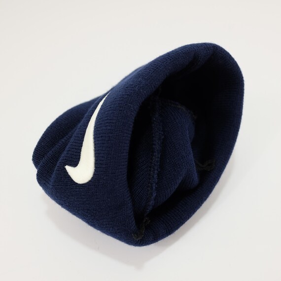ニ*ニ様 90s Nike navy beanie big swoosh AP6 Vintage 90s Nike Swoosh Logo Navy Blue Cuff Beanie Knit Ski