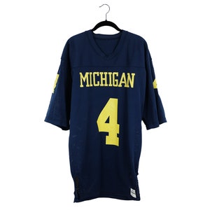 Vintage University of Michigan Sand Knit Medalist #4 100% Nylon Dark Blue Football Jersey, Made in USA - XL 42