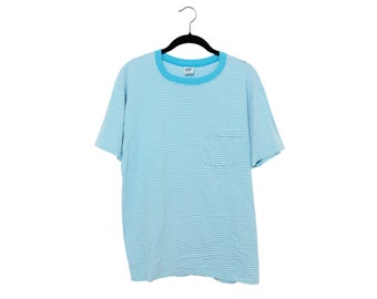 Vintage Striped Cotton Pocket Tee, Teal Blue, Made in USA