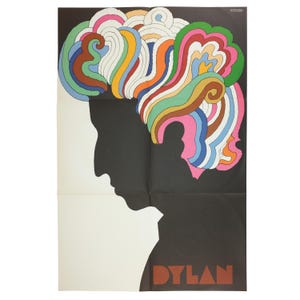 Póster vintage original de Milton Glaser Bob Dylan de los años 60 con el icónico Under The Sky y los mejores éxitos en vinilo