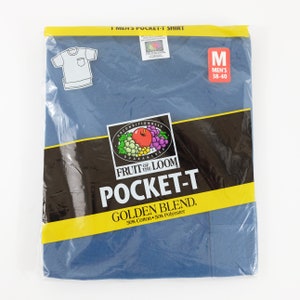 Vintage 90&#39;s Fruit of The Loom Golden Blend Slate Blue 50/50 Poly-Cotton Blend Pocket Tee New In Package - Medium
