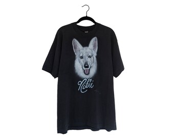Vintage Nikki Airbrushed Dog Portrait Black Screen Stars 50/50 T-Shirt, Made in USA - XL