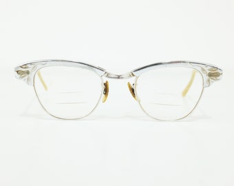Vintage Silver Metal Cat Eye Floral Universal 3 3/4 Eyeglasses, Made in USA