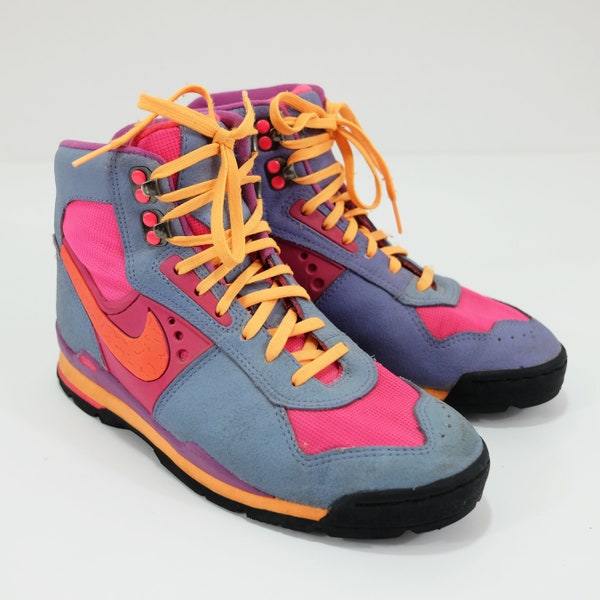 Vintage 80's NIKE Women's Neon Pink and Purple Hi Top Trail Shoe Boots Size 8.5 Retro Collectable Rare
