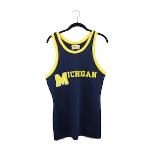 Vintage 1980&#39;s University of Michigan Wolverines NCAA Basketball Blue & Yellow Any Wear Jersey, Made in USA - Medium