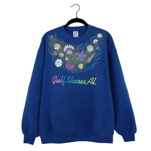 Vintage Gulf Shores, Alabama Souvenir Bright Blue Sea Shells Glitter Ocean Scene Jerzees Sweatshirt, Made in USA - Large