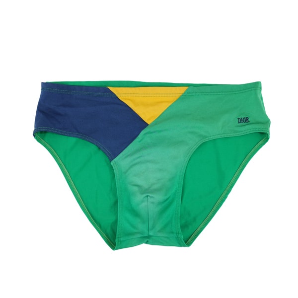 Vintage Christian Dior Speedo Style Men's Briefs Green Yellow Blue Color Block Swim Trunks / Shorts, Made in USA - Large